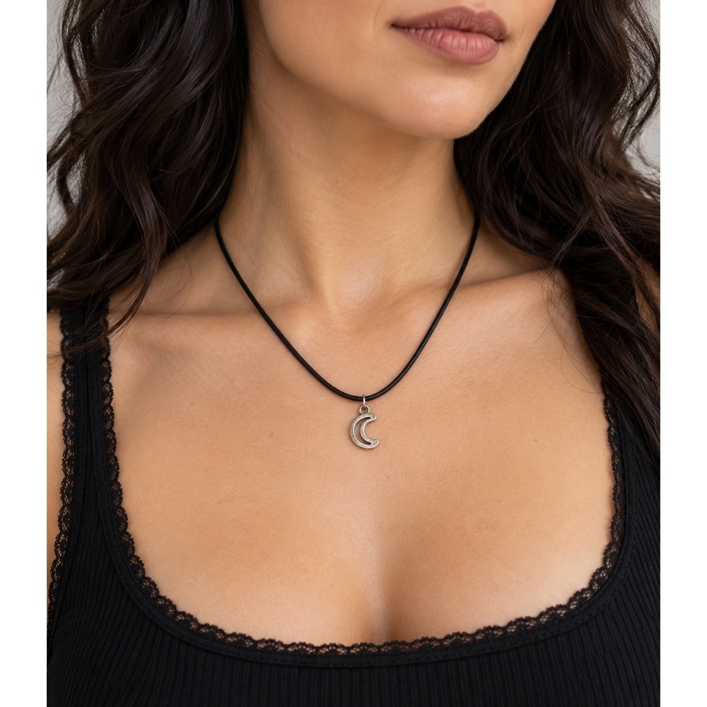 90s Whimsigoth Crescent Moon Black Cord Necklace Celestial Witchy Goth